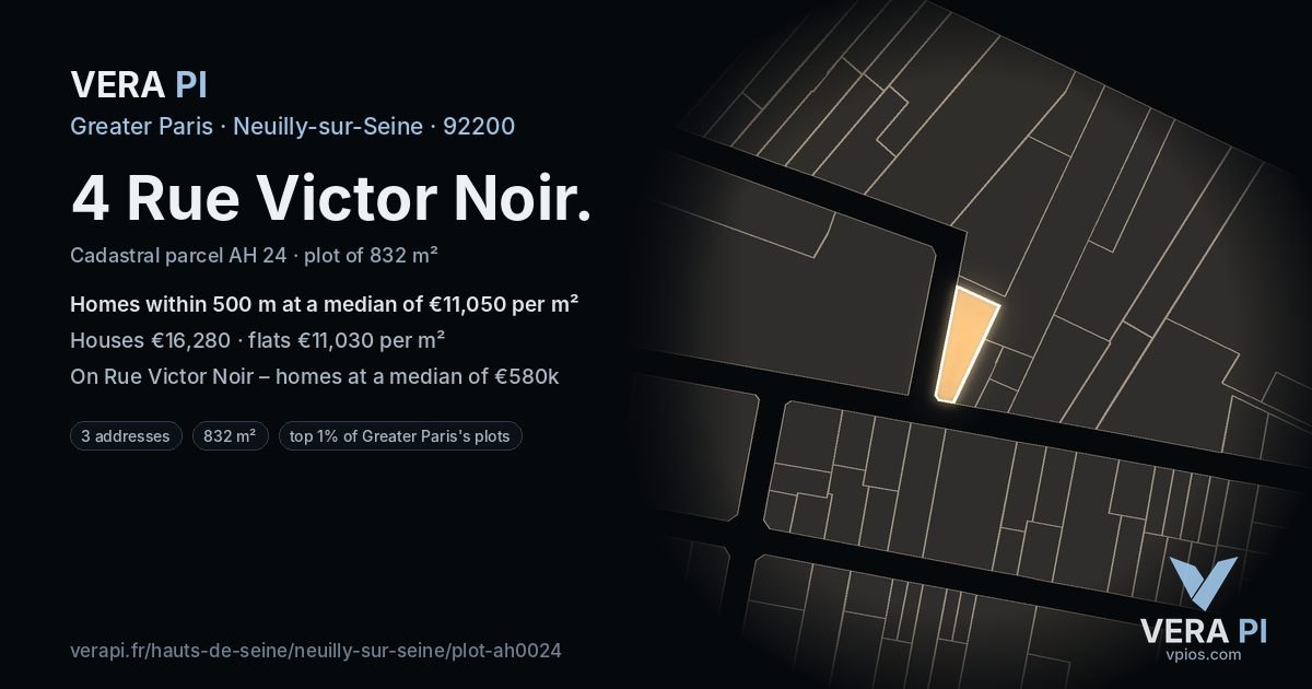 4 Rue Victor Noir, Neuilly-sur-Seine at night – the plot lit, the parcels around coloured by the prices near them