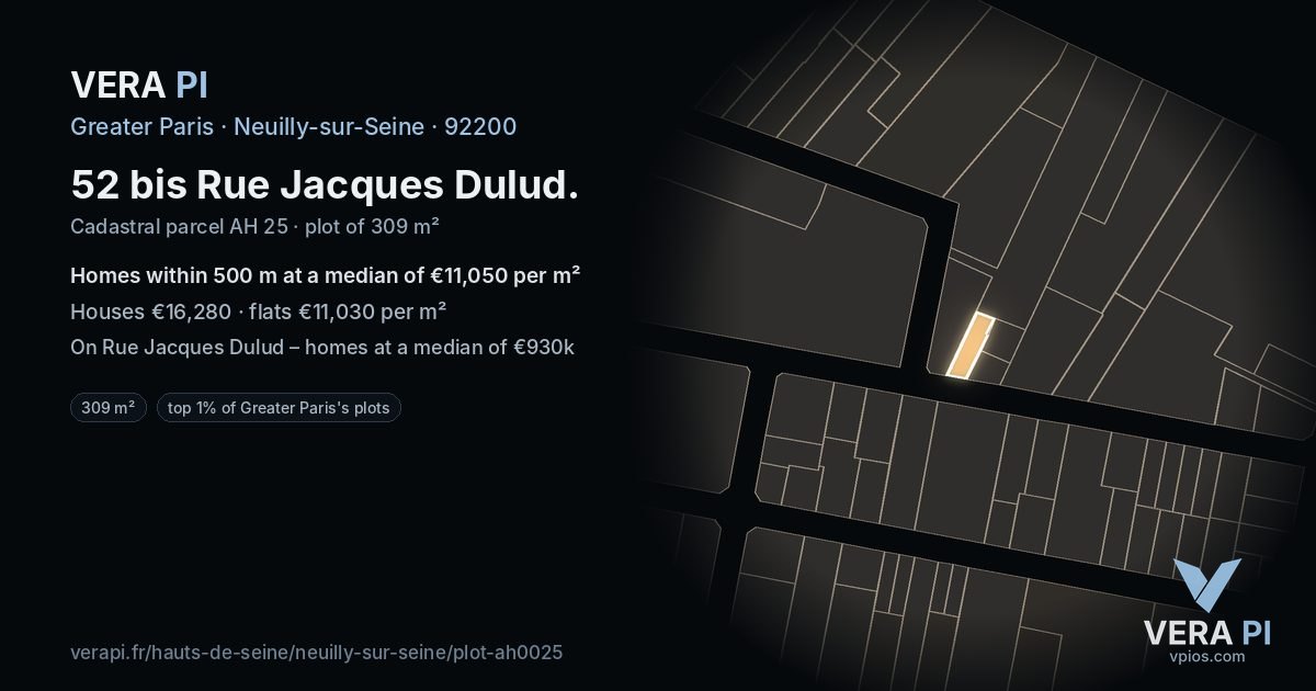 52 bis Rue Jacques Dulud, Neuilly-sur-Seine at night – the plot lit, the parcels around coloured by the prices near them