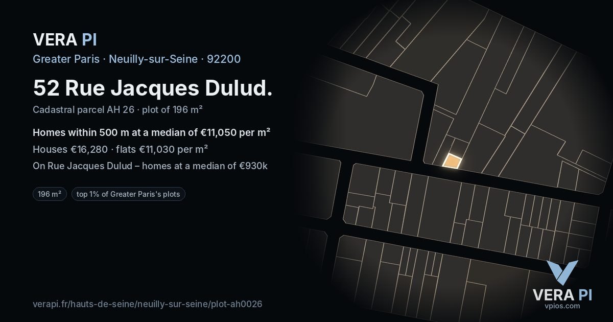 52 Rue Jacques Dulud, Neuilly-sur-Seine at night – the plot lit, the parcels around coloured by the prices near them