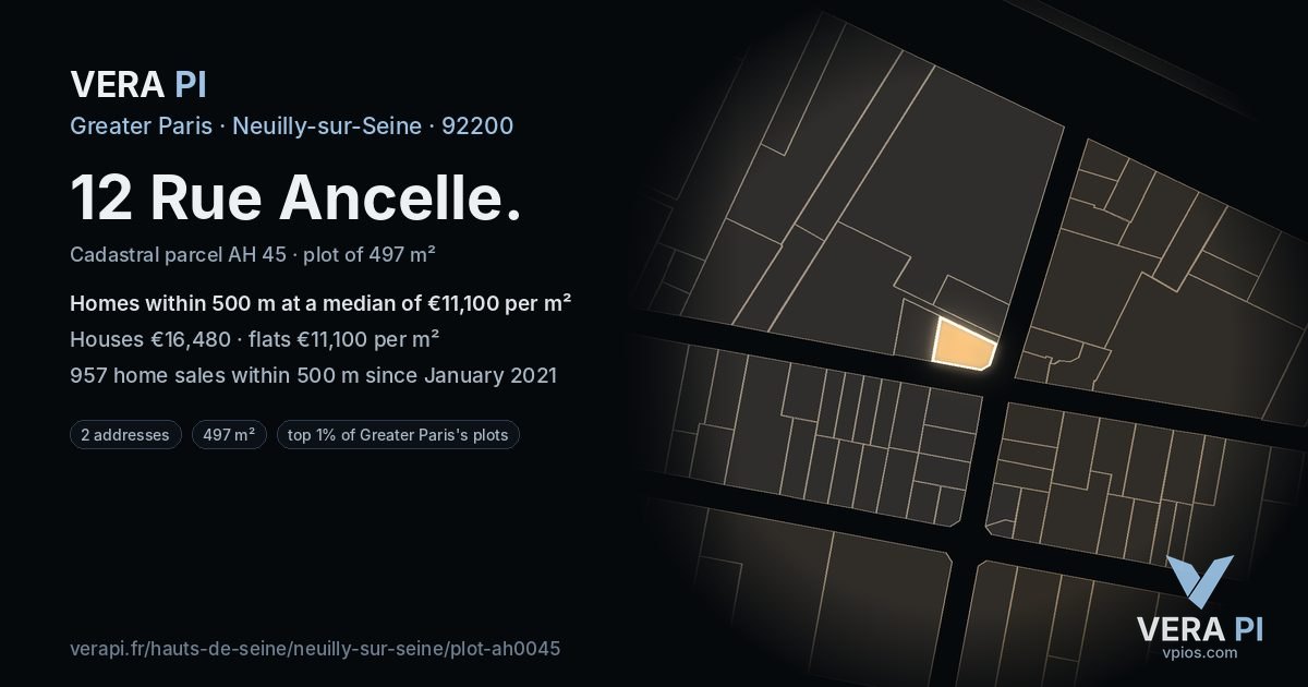 12 Rue Ancelle, Neuilly-sur-Seine at night – the plot lit, the parcels around coloured by the prices near them
