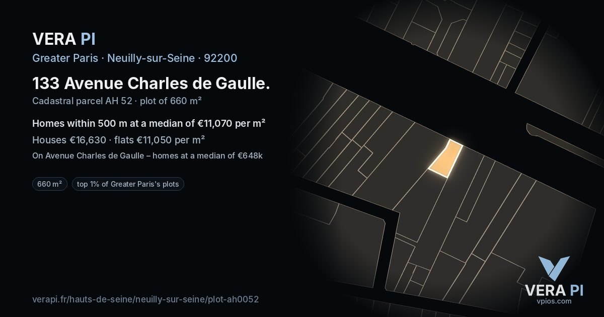 133 Avenue Charles de Gaulle, Neuilly-sur-Seine at night – the plot lit, the parcels around coloured by the prices near them