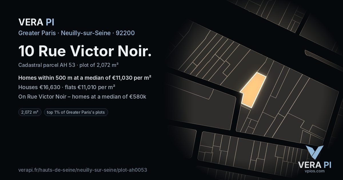 10 Rue Victor Noir, Neuilly-sur-Seine at night – the plot lit, the parcels around coloured by the prices near them