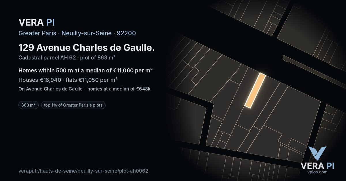 129 Avenue Charles de Gaulle, Neuilly-sur-Seine at night – the plot lit, the parcels around coloured by the prices near them