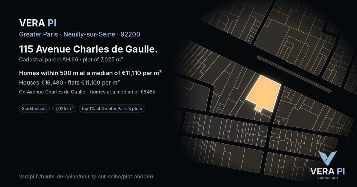 115 Avenue Charles de Gaulle, Neuilly-sur-Seine at night – the plot lit, the parcels around coloured by the prices near them