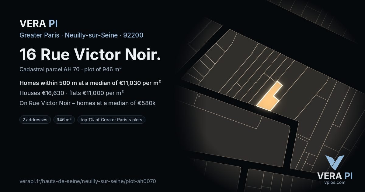 16 Rue Victor Noir, Neuilly-sur-Seine at night – the plot lit, the parcels around coloured by the prices near them