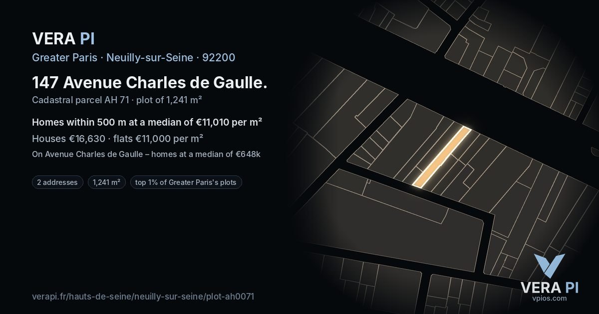 147 Avenue Charles de Gaulle, Neuilly-sur-Seine at night – the plot lit, the parcels around coloured by the prices near them