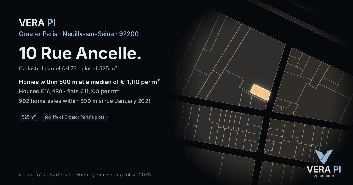 10 Rue Ancelle, Neuilly-sur-Seine at night – the plot lit, the parcels around coloured by the prices near them