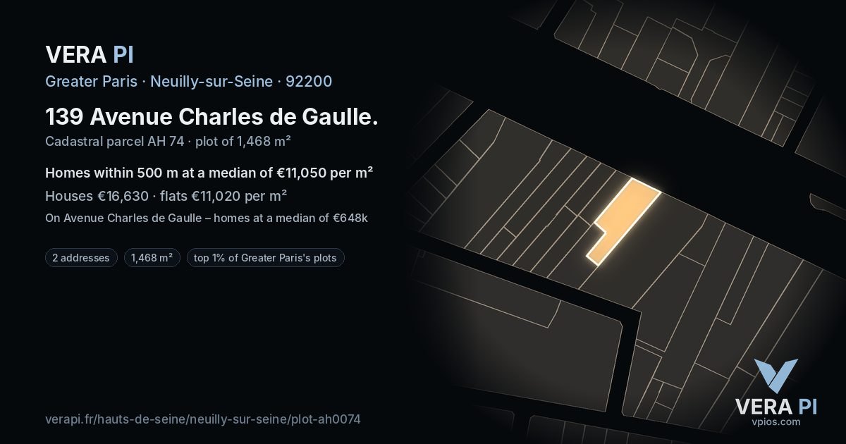 139 Avenue Charles de Gaulle, Neuilly-sur-Seine at night – the plot lit, the parcels around coloured by the prices near them