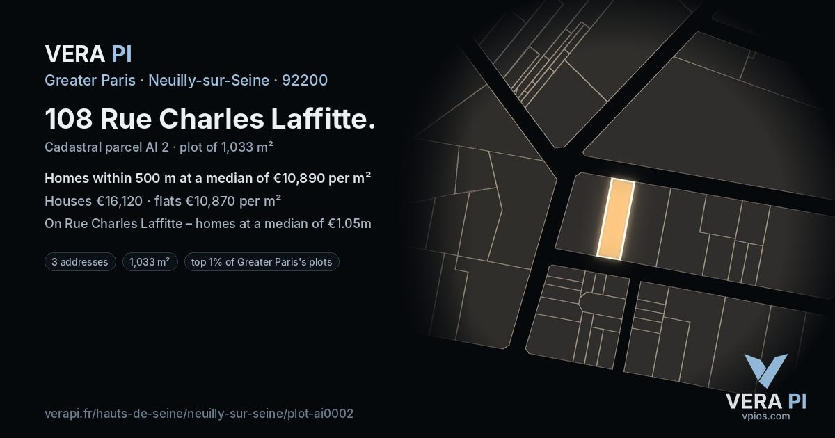 108 Rue Charles Laffitte, Neuilly-sur-Seine at night – the plot lit, the parcels around coloured by the prices near them
