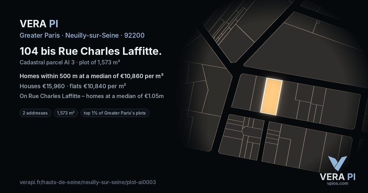 104 bis Rue Charles Laffitte, Neuilly-sur-Seine at night – the plot lit, the parcels around coloured by the prices near them