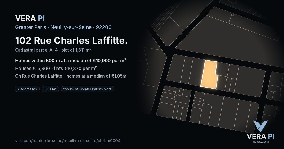 102 Rue Charles Laffitte, Neuilly-sur-Seine at night – the plot lit, the parcels around coloured by the prices near them
