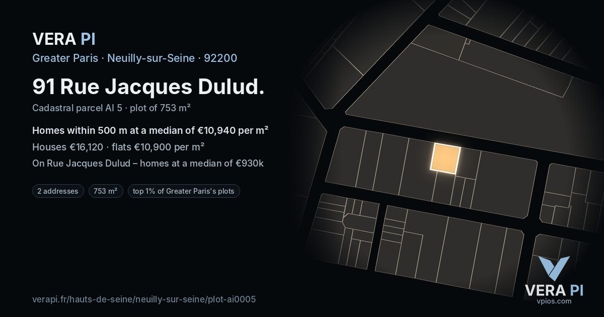91 Rue Jacques Dulud, Neuilly-sur-Seine at night – the plot lit, the parcels around coloured by the prices near them