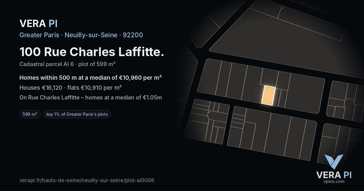 100 Rue Charles Laffitte, Neuilly-sur-Seine at night – the plot lit, the parcels around coloured by the prices near them