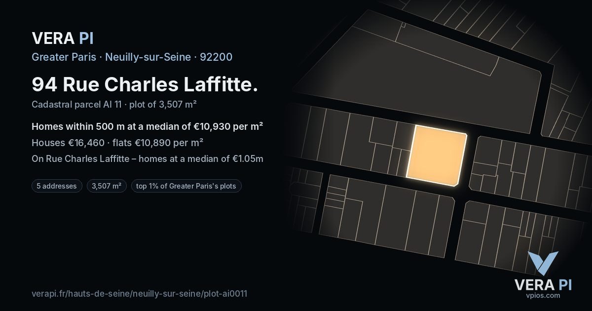 94 Rue Charles Laffitte, Neuilly-sur-Seine at night – the plot lit, the parcels around coloured by the prices near them