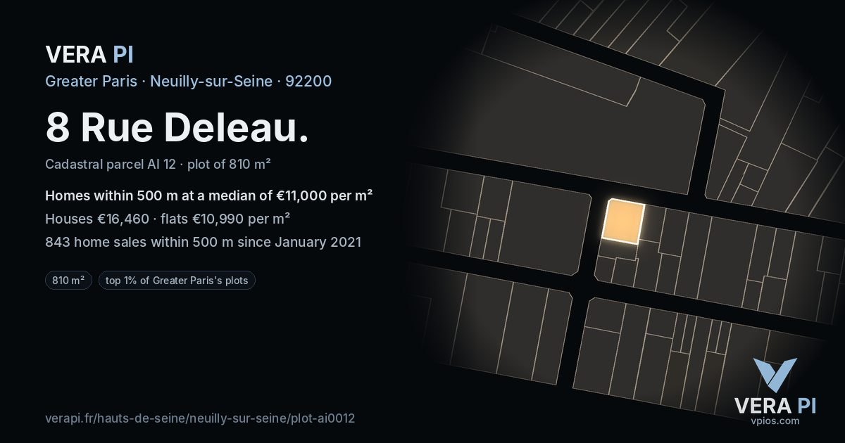 8 Rue Deleau, Neuilly-sur-Seine at night – the plot lit, the parcels around coloured by the prices near them