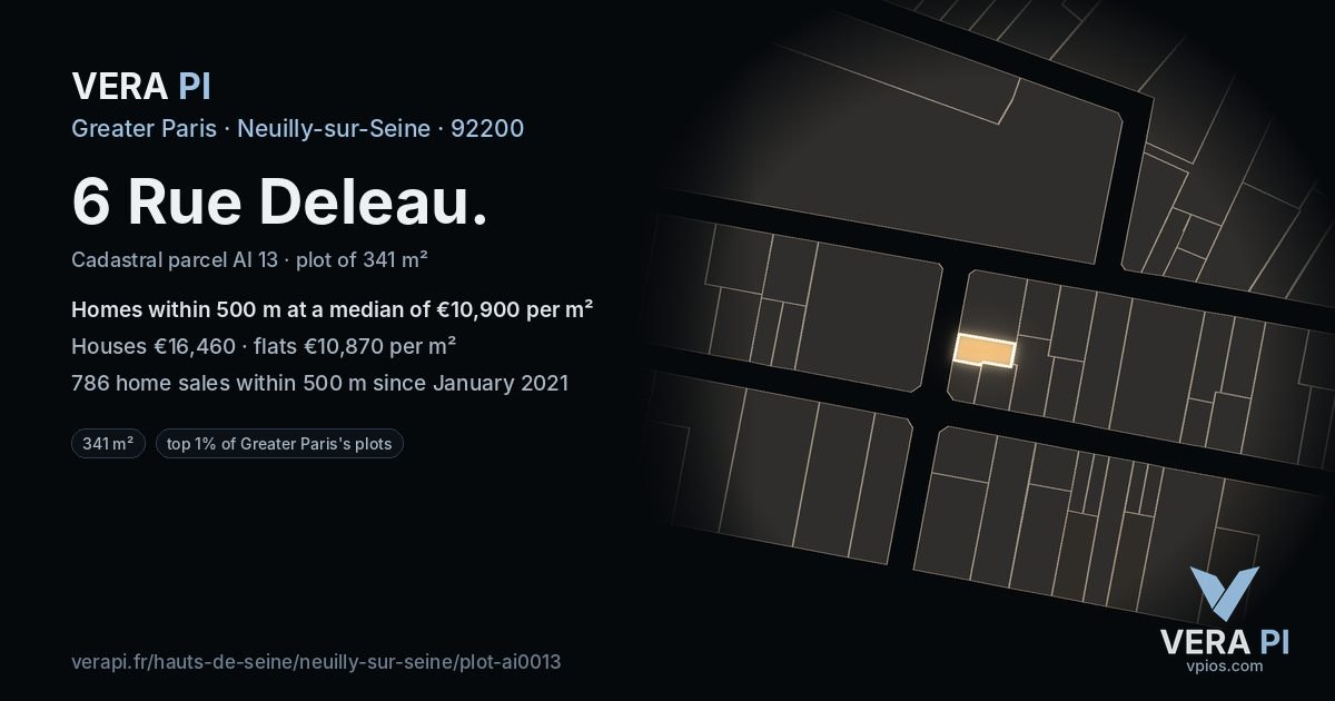 6 Rue Deleau, Neuilly-sur-Seine at night – the plot lit, the parcels around coloured by the prices near them
