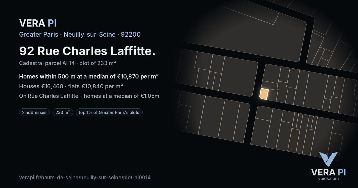 92 Rue Charles Laffitte, Neuilly-sur-Seine at night – the plot lit, the parcels around coloured by the prices near them