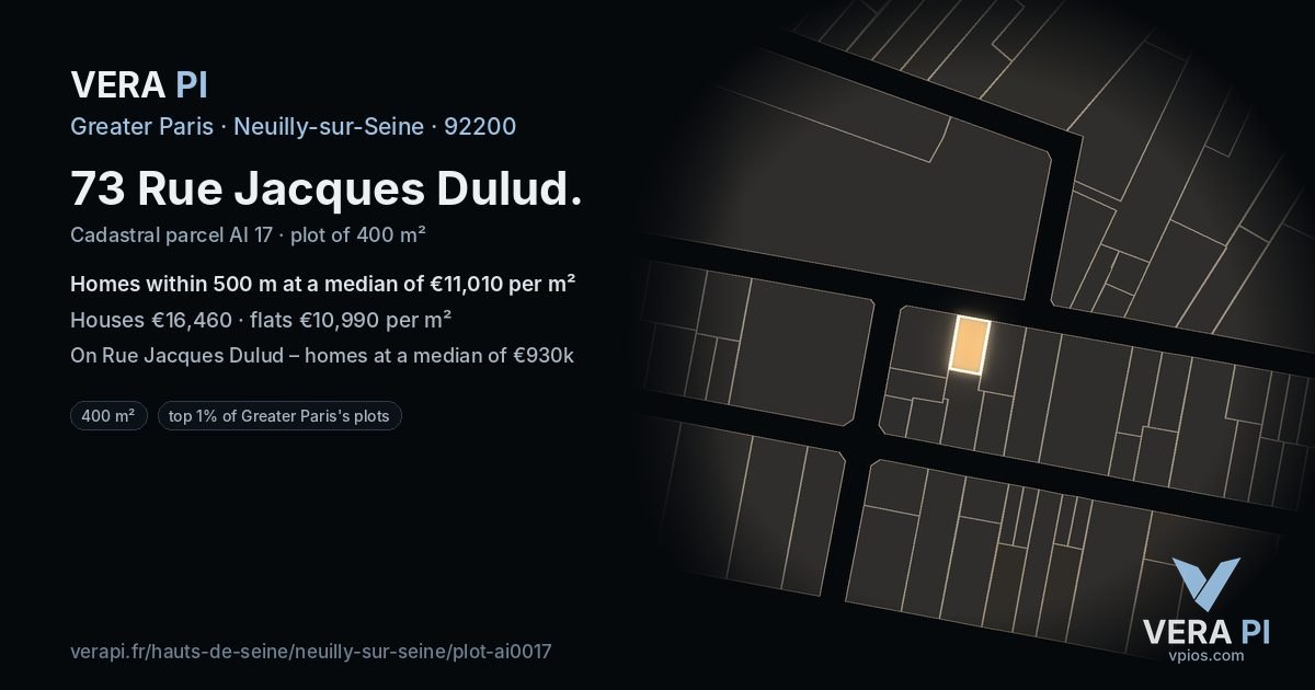 73 Rue Jacques Dulud, Neuilly-sur-Seine at night – the plot lit, the parcels around coloured by the prices near them