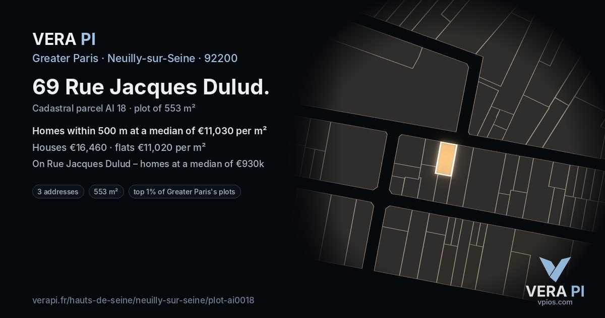 69 Rue Jacques Dulud, Neuilly-sur-Seine at night – the plot lit, the parcels around coloured by the prices near them