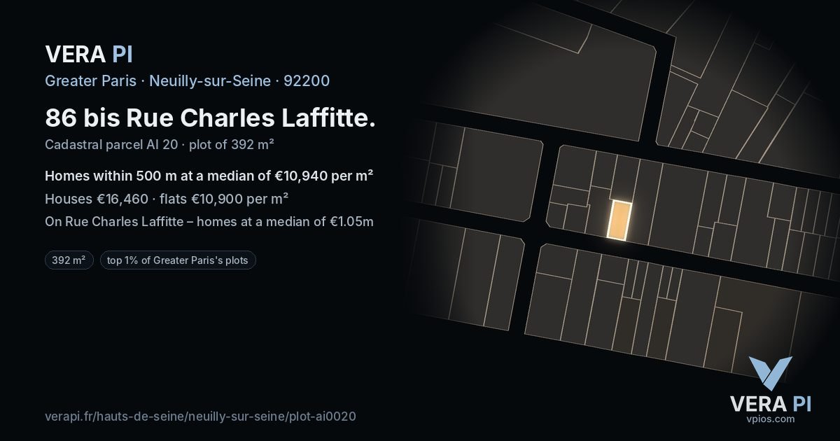 86 bis Rue Charles Laffitte, Neuilly-sur-Seine at night – the plot lit, the parcels around coloured by the prices near them