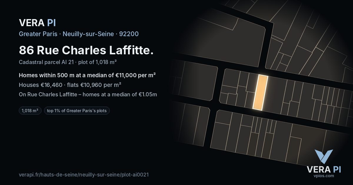 86 Rue Charles Laffitte, Neuilly-sur-Seine at night – the plot lit, the parcels around coloured by the prices near them
