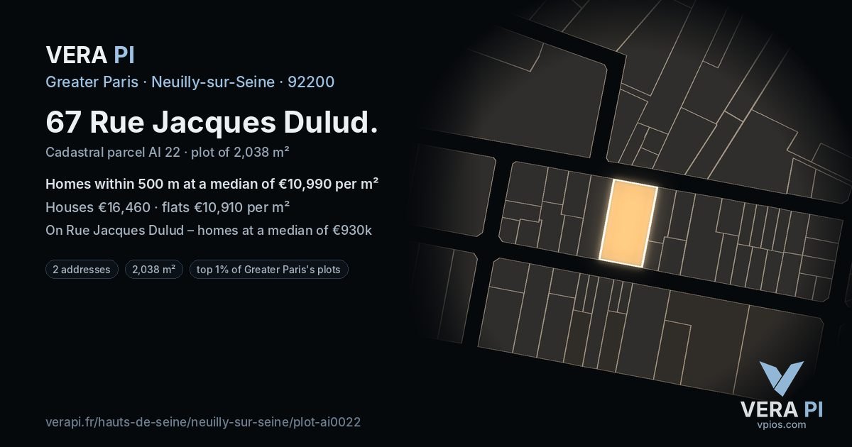 67 Rue Jacques Dulud, Neuilly-sur-Seine at night – the plot lit, the parcels around coloured by the prices near them