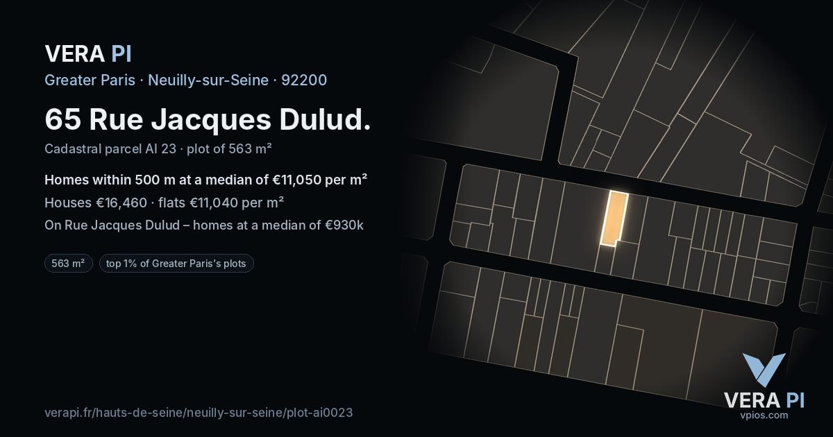 65 Rue Jacques Dulud, Neuilly-sur-Seine at night – the plot lit, the parcels around coloured by the prices near them