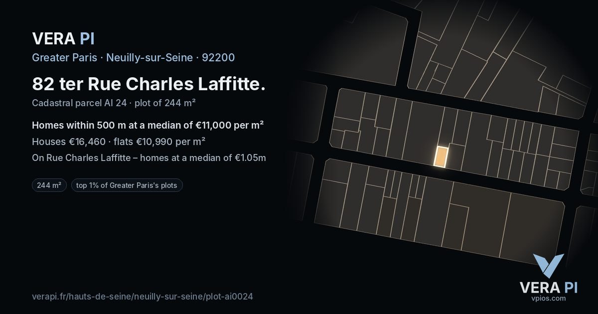 82 ter Rue Charles Laffitte, Neuilly-sur-Seine at night – the plot lit, the parcels around coloured by the prices near them