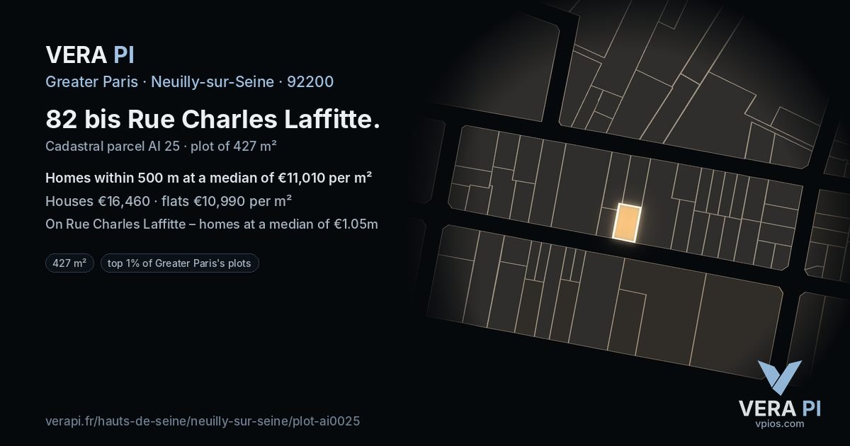 82 bis Rue Charles Laffitte, Neuilly-sur-Seine at night – the plot lit, the parcels around coloured by the prices near them