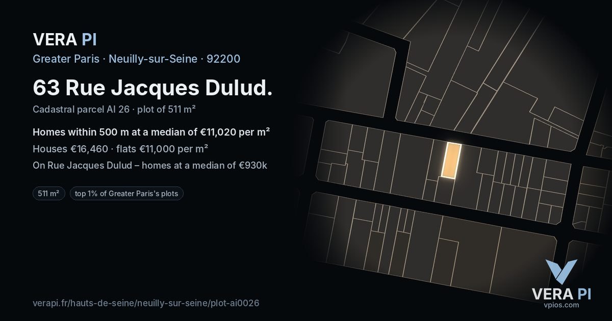 63 Rue Jacques Dulud, Neuilly-sur-Seine at night – the plot lit, the parcels around coloured by the prices near them