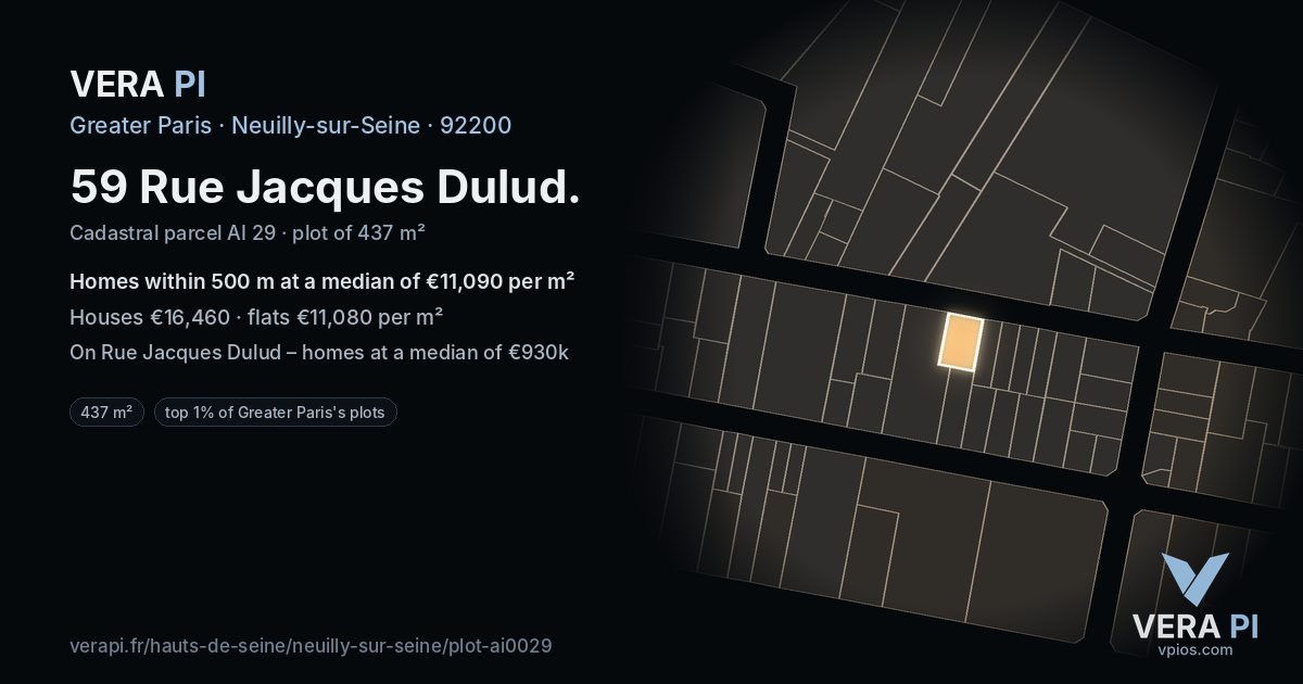 59 Rue Jacques Dulud, Neuilly-sur-Seine at night – the plot lit, the parcels around coloured by the prices near them
