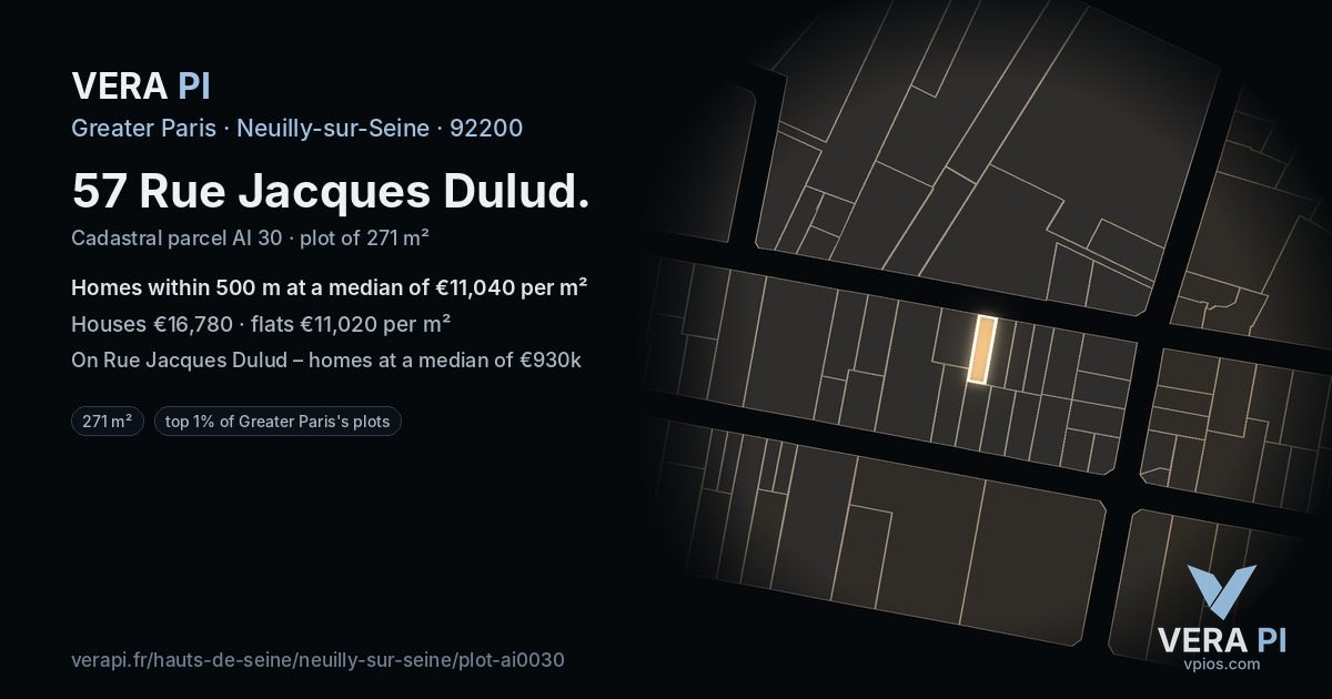 57 Rue Jacques Dulud, Neuilly-sur-Seine at night – the plot lit, the parcels around coloured by the prices near them