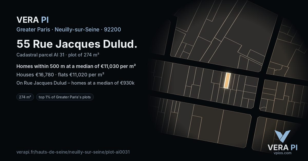 55 Rue Jacques Dulud, Neuilly-sur-Seine at night – the plot lit, the parcels around coloured by the prices near them