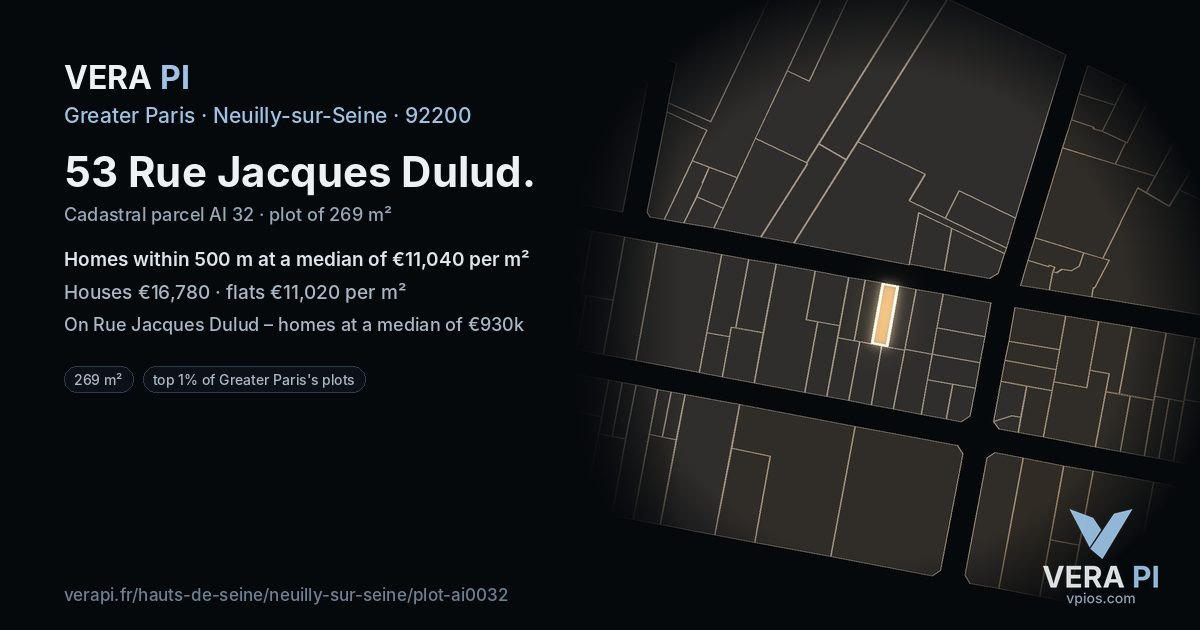 53 Rue Jacques Dulud, Neuilly-sur-Seine at night – the plot lit, the parcels around coloured by the prices near them