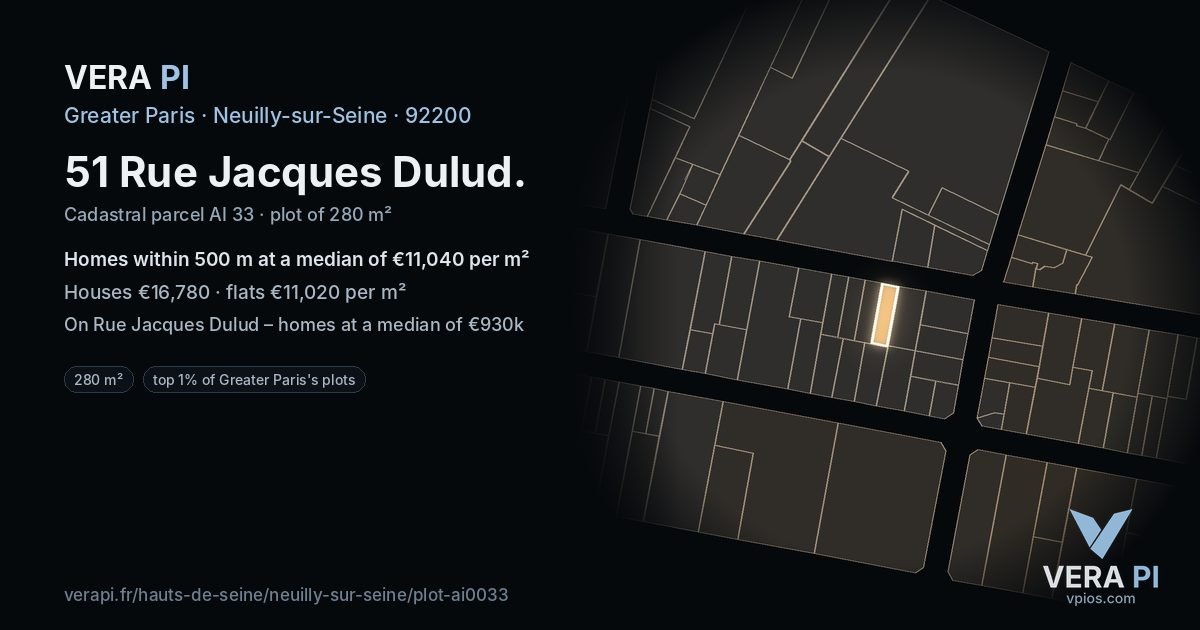 51 Rue Jacques Dulud, Neuilly-sur-Seine at night – the plot lit, the parcels around coloured by the prices near them