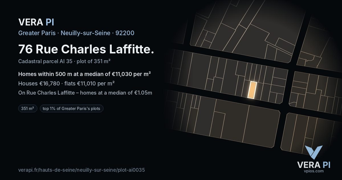 76 Rue Charles Laffitte, Neuilly-sur-Seine at night – the plot lit, the parcels around coloured by the prices near them