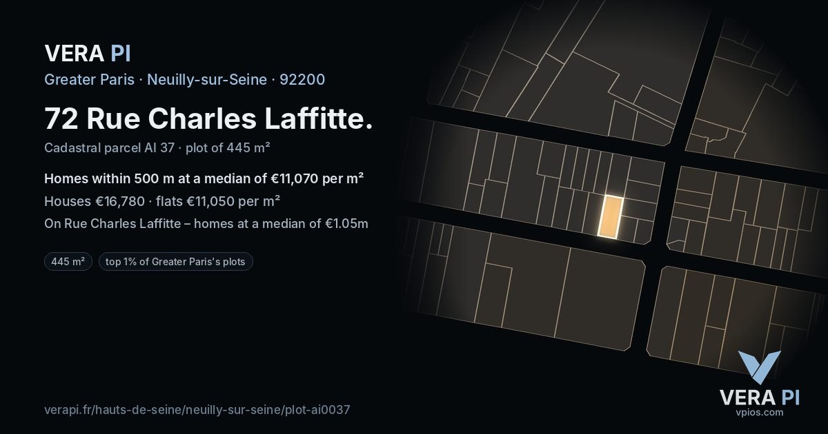 72 Rue Charles Laffitte, Neuilly-sur-Seine at night – the plot lit, the parcels around coloured by the prices near them