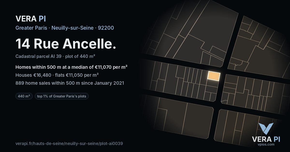 14 Rue Ancelle, Neuilly-sur-Seine at night – the plot lit, the parcels around coloured by the prices near them