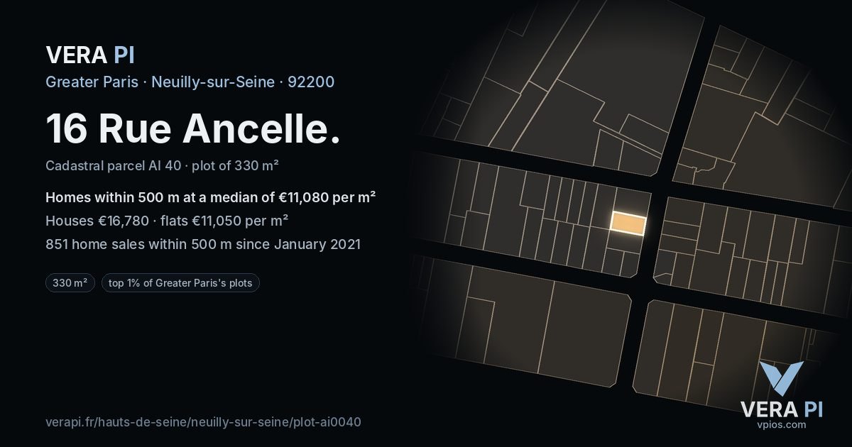 16 Rue Ancelle, Neuilly-sur-Seine at night – the plot lit, the parcels around coloured by the prices near them