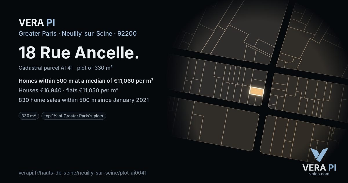 18 Rue Ancelle, Neuilly-sur-Seine at night – the plot lit, the parcels around coloured by the prices near them