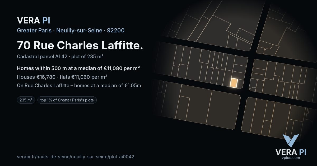 70 Rue Charles Laffitte, Neuilly-sur-Seine at night – the plot lit, the parcels around coloured by the prices near them