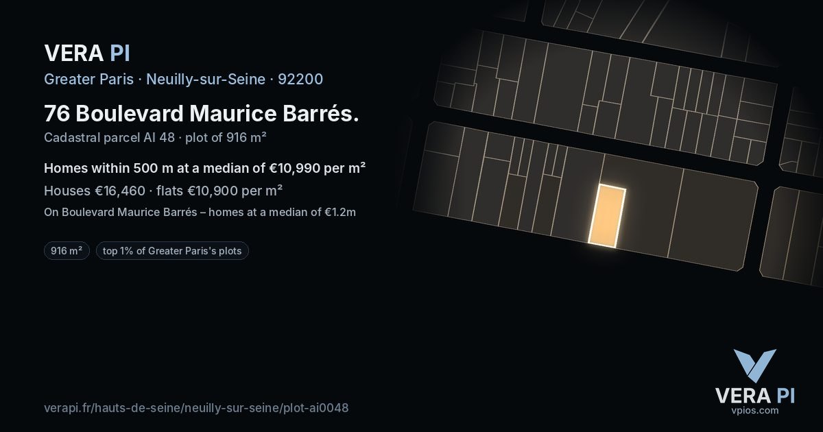 76 Boulevard Maurice Barrés, Neuilly-sur-Seine at night – the plot lit, the parcels around coloured by the prices near them