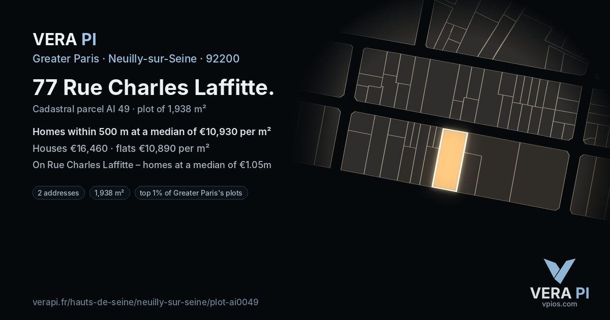 77 Rue Charles Laffitte, Neuilly-sur-Seine at night – the plot lit, the parcels around coloured by the prices near them