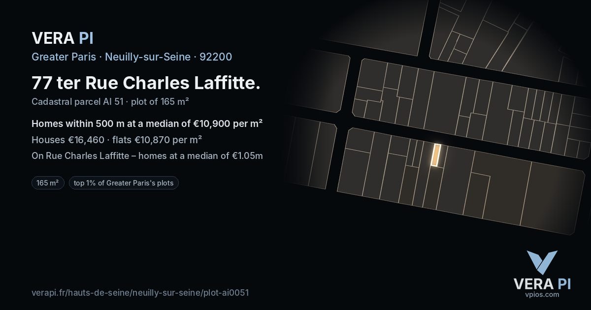 77 ter Rue Charles Laffitte, Neuilly-sur-Seine at night – the plot lit, the parcels around coloured by the prices near them