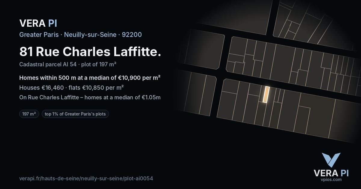81 Rue Charles Laffitte, Neuilly-sur-Seine at night – the plot lit, the parcels around coloured by the prices near them