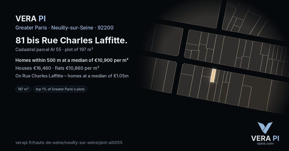 81 bis Rue Charles Laffitte, Neuilly-sur-Seine at night – the plot lit, the parcels around coloured by the prices near them