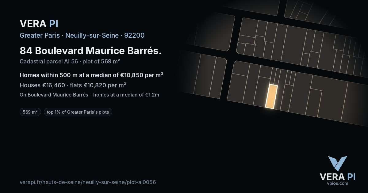 84 Boulevard Maurice Barrés, Neuilly-sur-Seine at night – the plot lit, the parcels around coloured by the prices near them