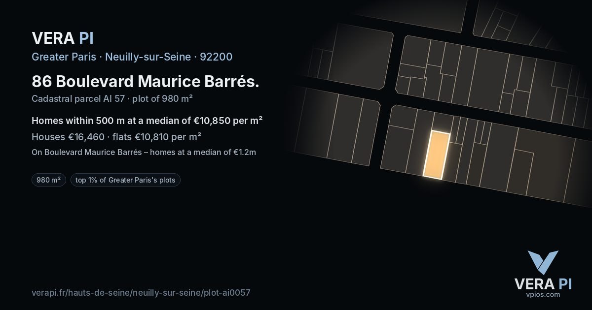 86 Boulevard Maurice Barrés, Neuilly-sur-Seine at night – the plot lit, the parcels around coloured by the prices near them