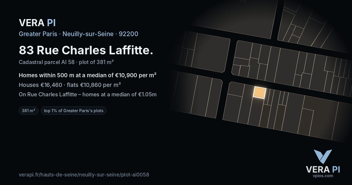 83 Rue Charles Laffitte, Neuilly-sur-Seine at night – the plot lit, the parcels around coloured by the prices near them
