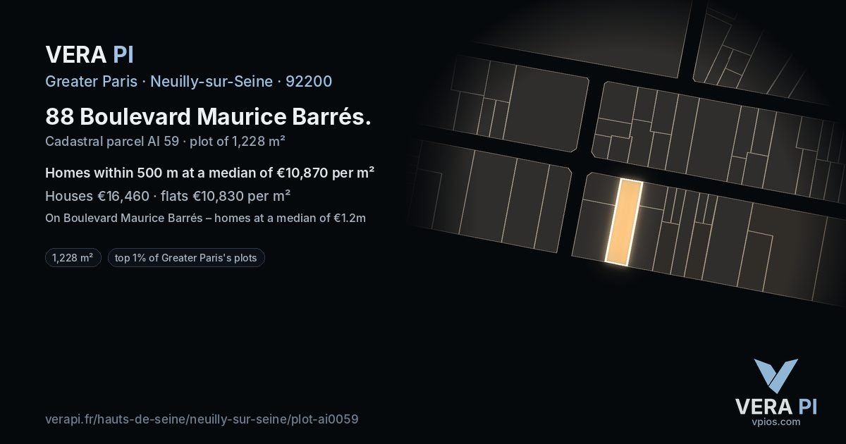 88 Boulevard Maurice Barrés, Neuilly-sur-Seine at night – the plot lit, the parcels around coloured by the prices near them
